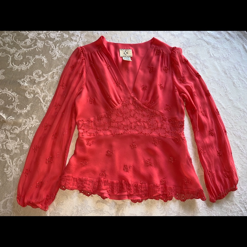ICE 100% Silk Coral Beaded Embroidered Blouse - Picture 4 of 11